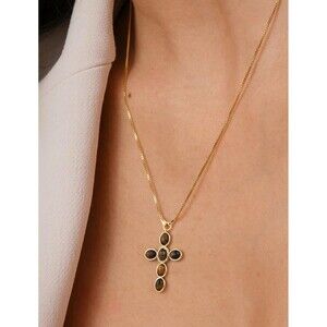 Faux Tiger eye Chunky cross pendant and box chain necklace 18” Healing Jewelry